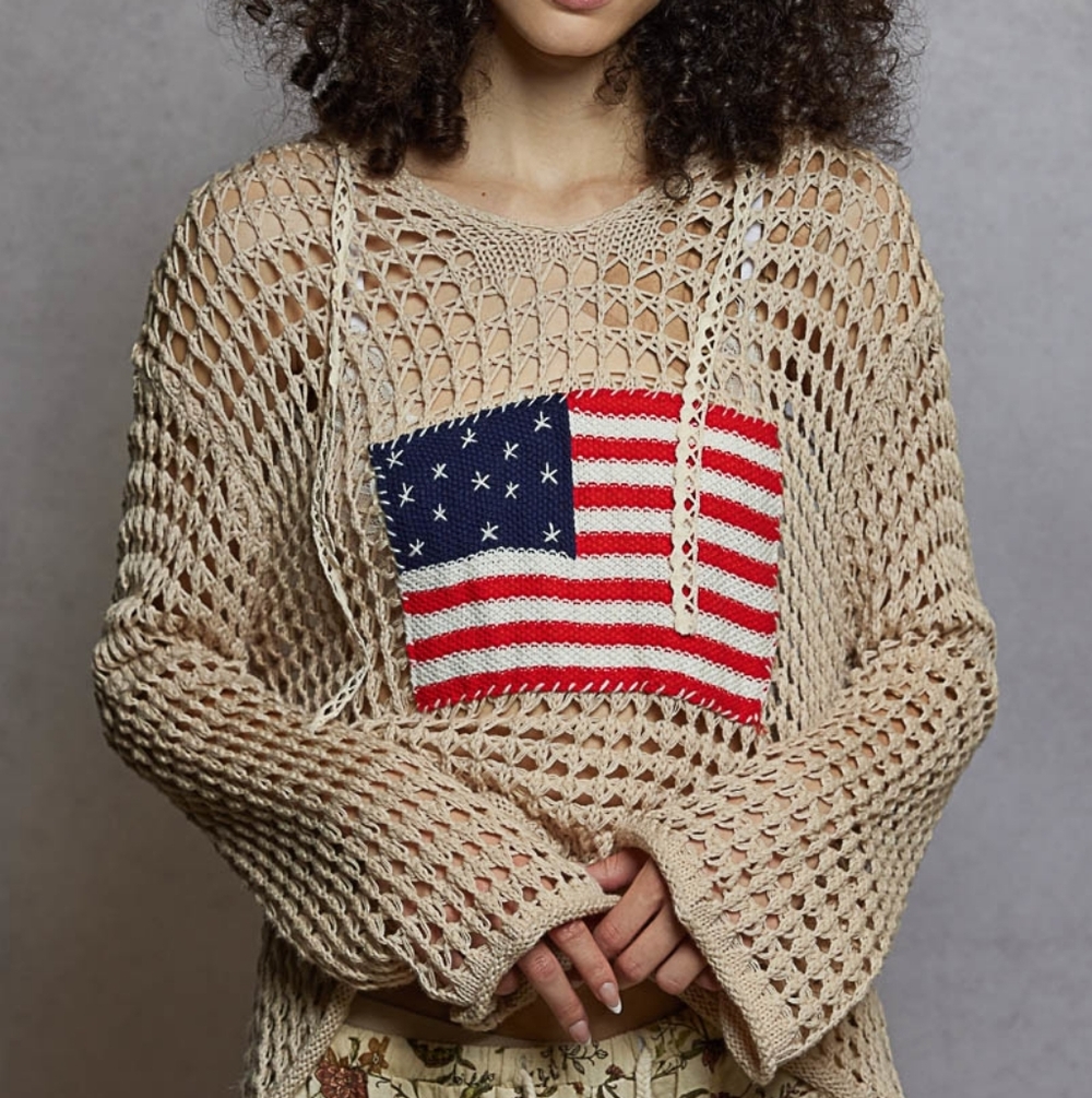 Q30 POL  Fuchsia or Beige Crochet Hoodie Sweater with American Flag
